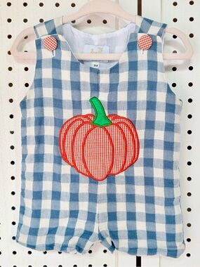 Busy Bees Smocks Blue Gingham Pumpkin Appliqué Romper - Size 3M